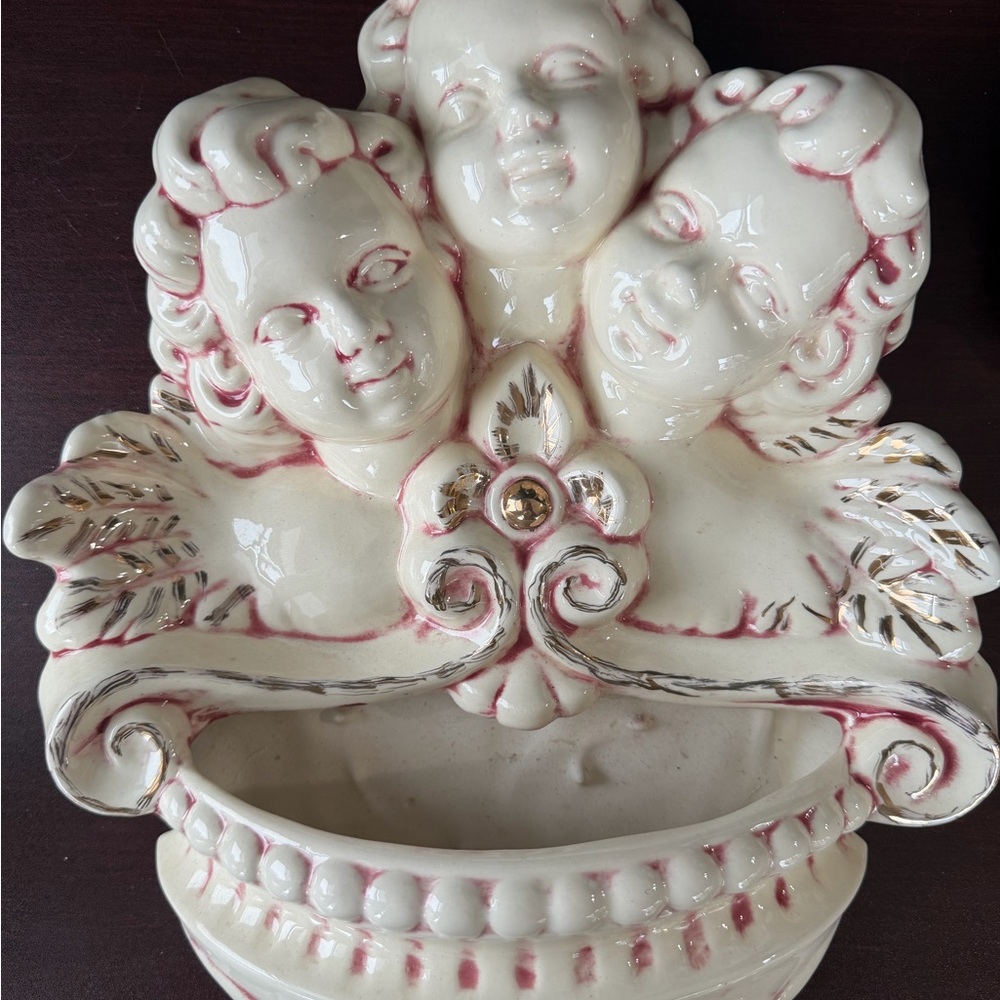 Charming Vintage Cream and Pink Cherub Ceramic Wall Planter with Gold Accents